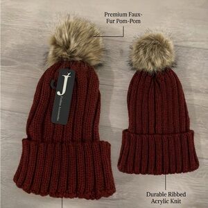 Burgundy Knit Hat with Faux Fur Pom-Pom